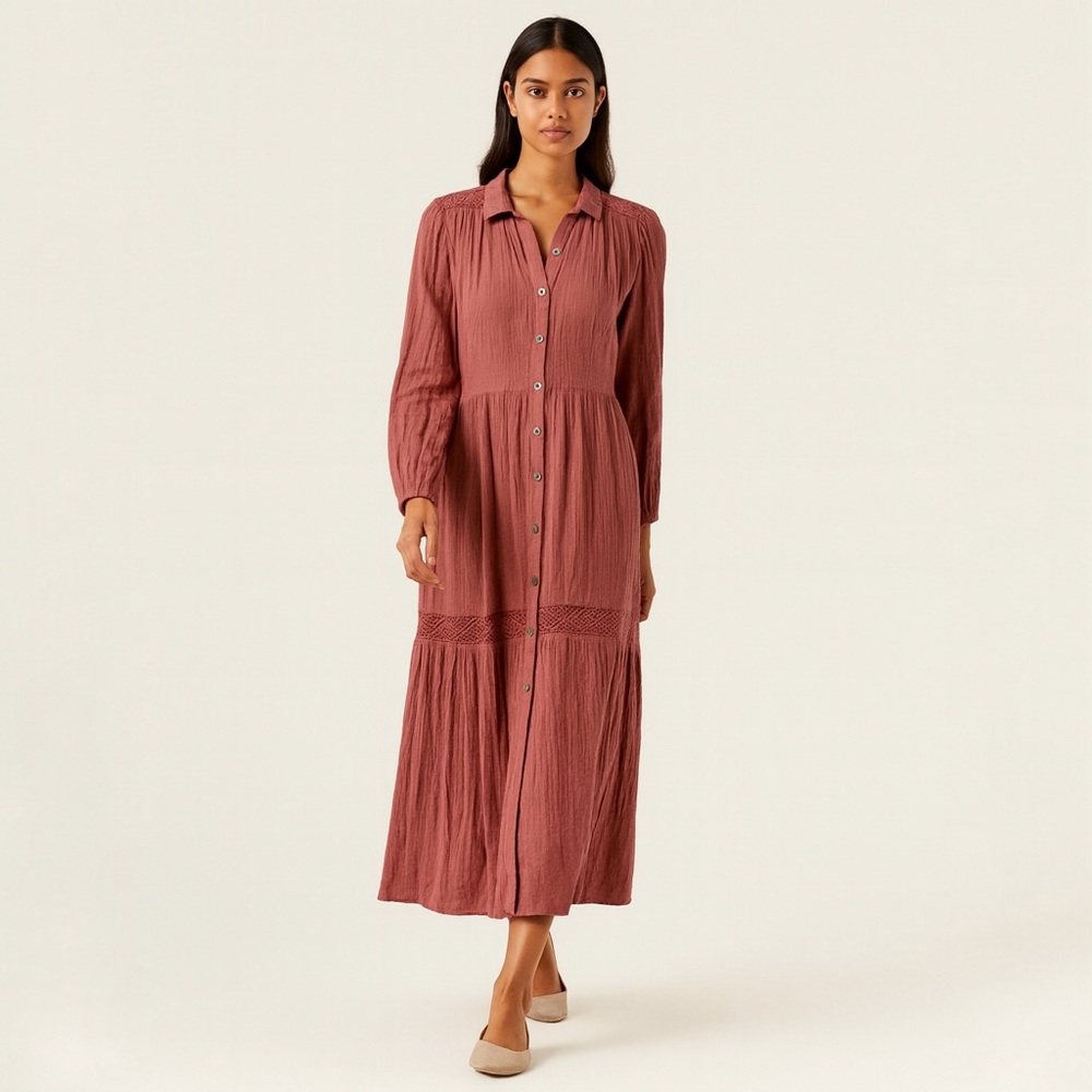 NWOT Indi & Cold San Sebastián Long Sleeve Tiered Maxi Dress Size S Terracotta